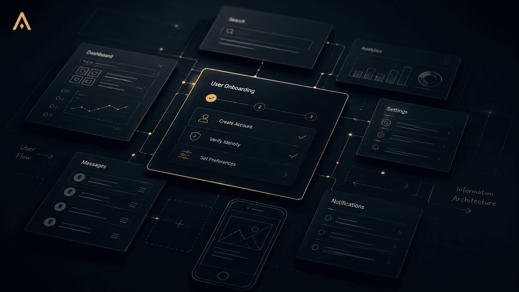 Layered interface modules connected across a dark technical system map.