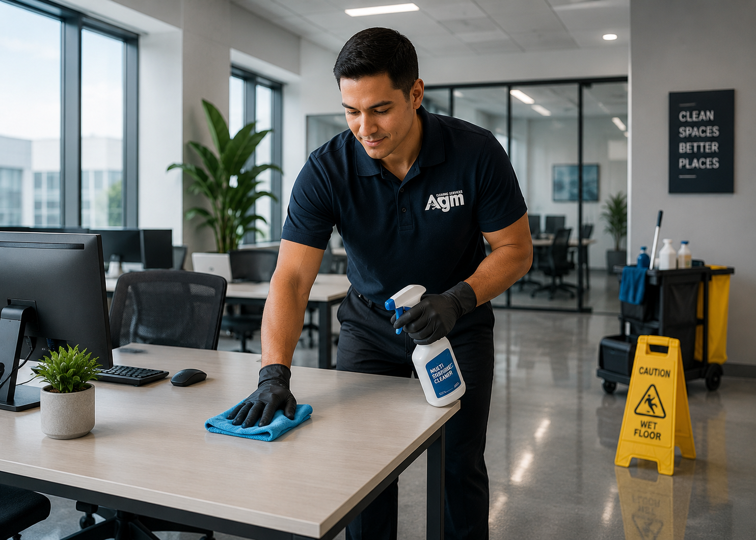 AGM professional cleaner sanitizing an office desk in a modern commercial space